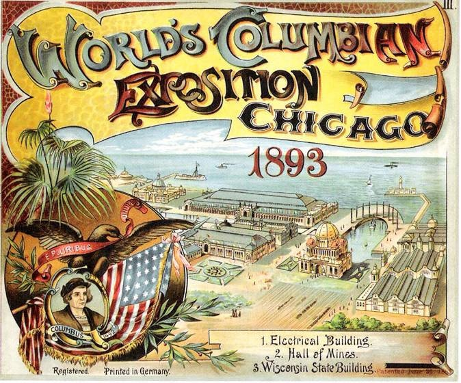 A poster advertising the World's Columbian Exposition Chicago 1893. The middle of the image showcases some of the buildings constructed for the Fair. At the bottom of the image, there is a key that labels three of the buildings: 1. Electrical Building, 2. Hall of Mines, and 3. Wisconsin State Building.